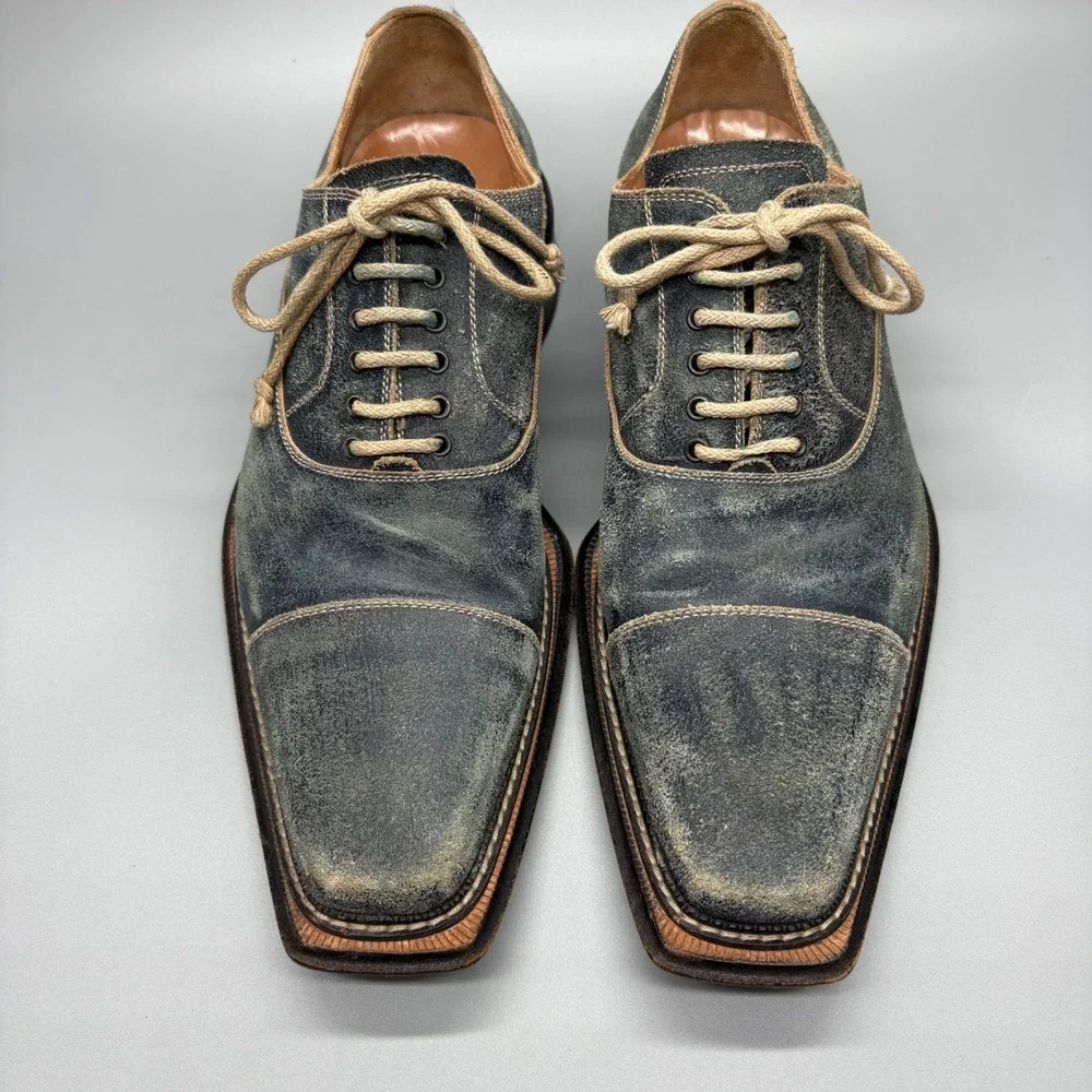 Stefano Branchini Mens 8.5 Dress Shoe Distressed Blue Leather Square Toe Oxfords